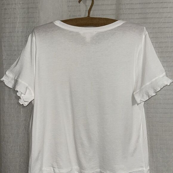LC L Boxy Fit Crew Short Sleeve Ruffle Trim Crop Top - Picture 7 of 10